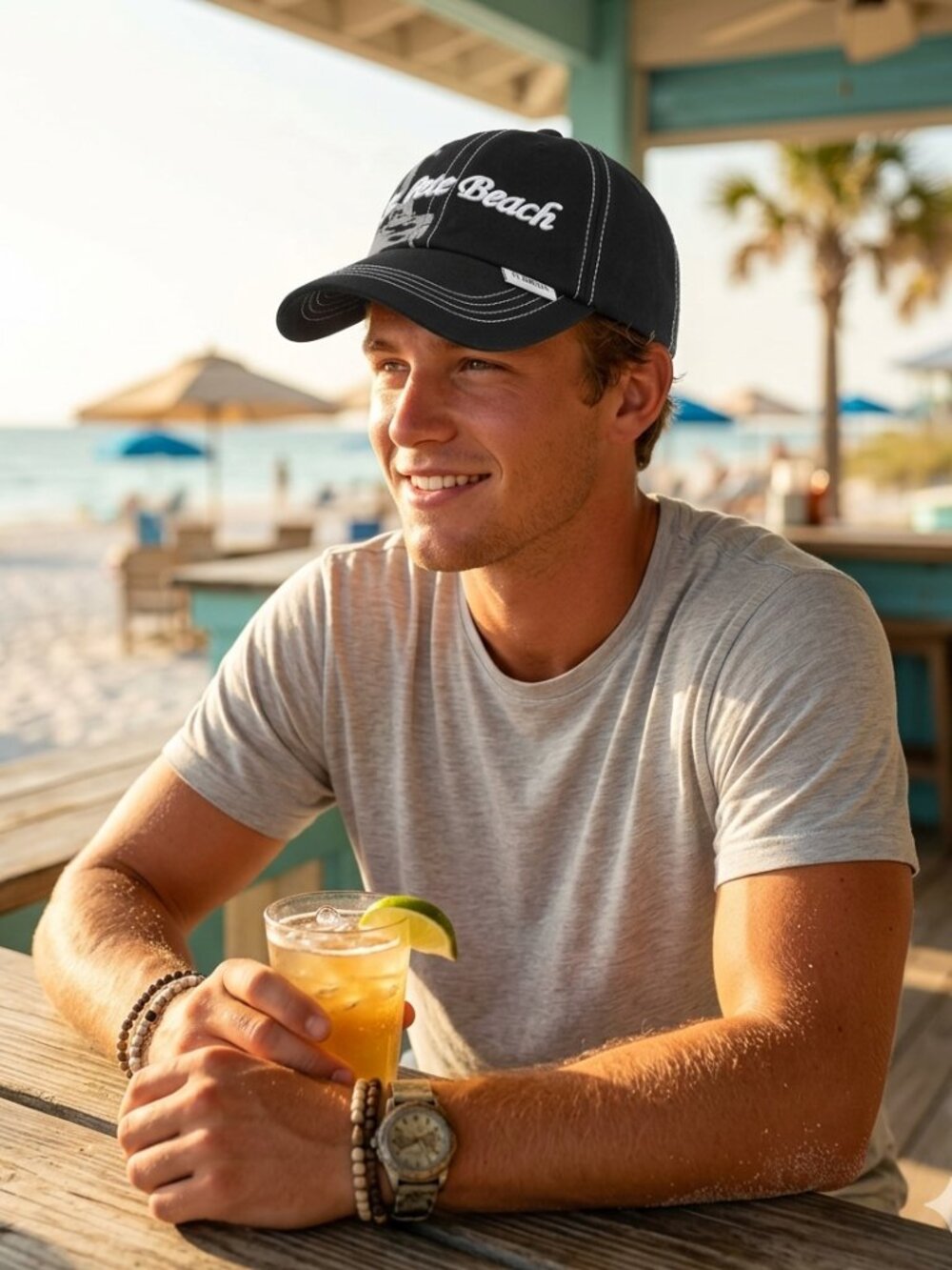 Black St. Pete Beach Florida Baseball Cap Hat Palm Tree Vacation Embroidered
